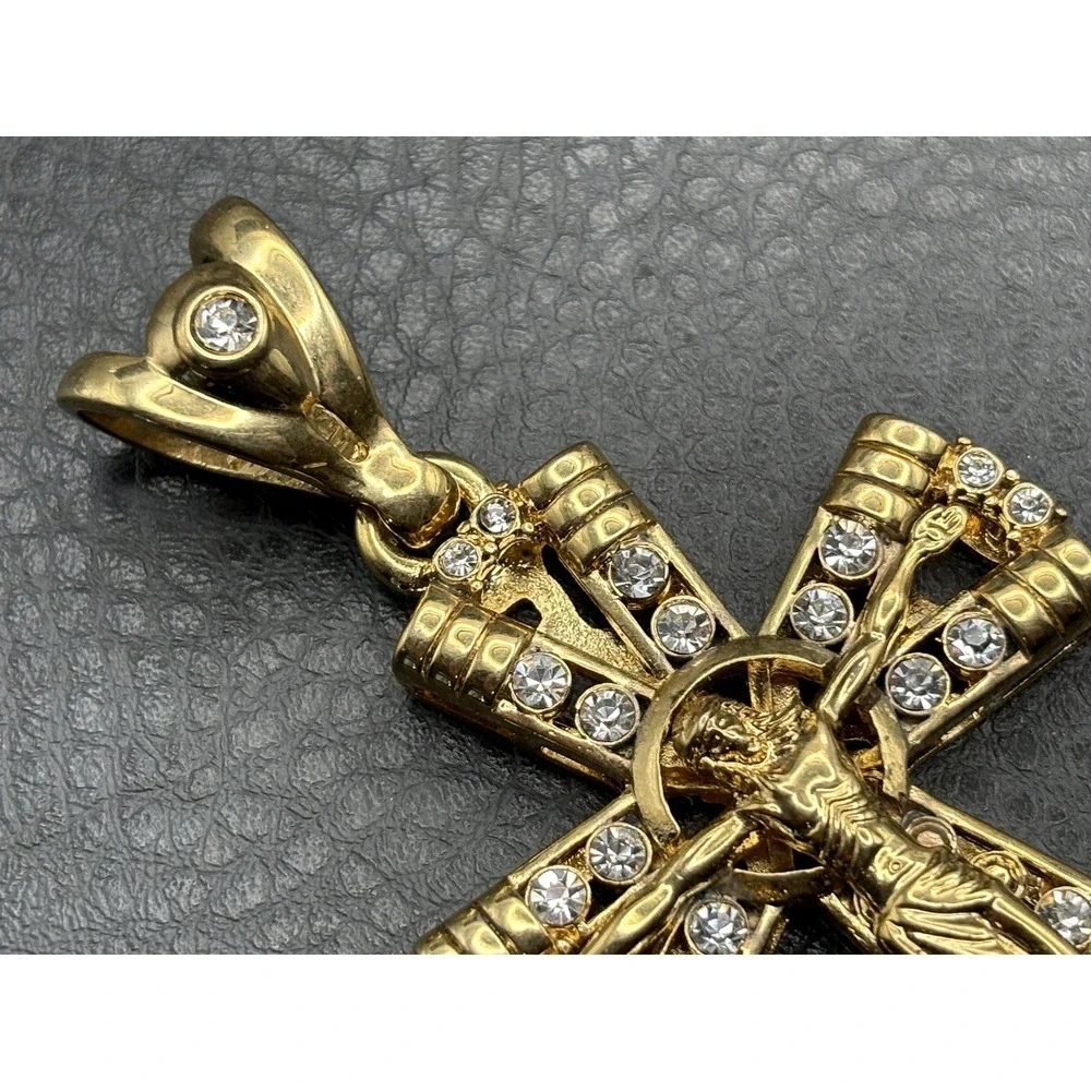 HUGE Gold Tone Crucifix Cross Pendant Jesus Clear Rhinestone Religious Jewelry